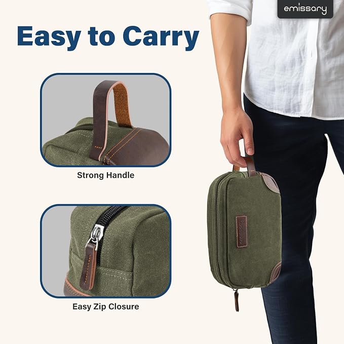 emissary Men's Canvas Travel Toiletry Bag, Leather Dopp Kit - Dark Green | Durable canvas & PU leather, water-resistant lining, side handle; roomy men's Dopp kit for travel & gym