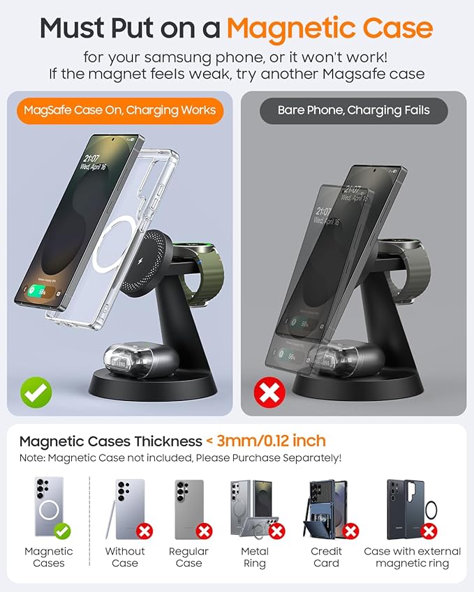 Magnetic Wireless Charger for Samsung, 3 in 1 Charging Station Compatible with MagSafe Samsung Charger for Galaxy S26 Ultra S25 Z Fold7/Flip7, Watch Charger Stand for Galaxy Watch Ultra 8 7, for Buds