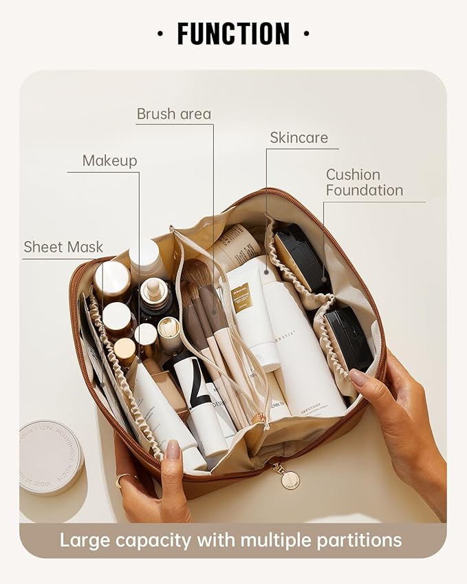 EACHY Travel Makeup Bag, Large Capacity Cosmetic Bag for Women, Waterproof PU Leather, Flat Open Portable Toiletry Bag for Skincare, Brushes & Travel Essentials
