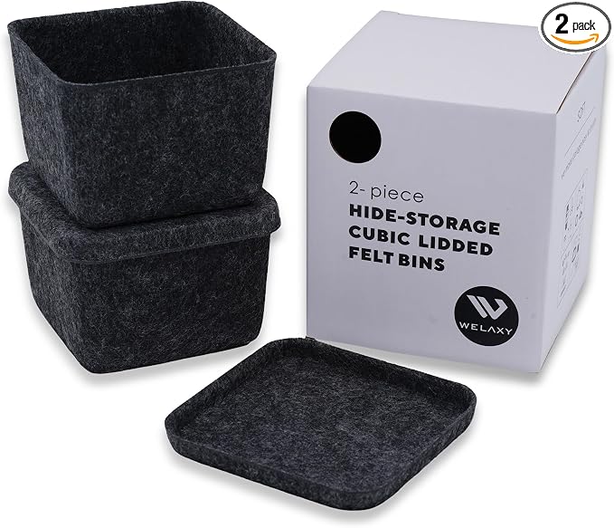 Welaxy 2-piece cubic lidded felt drawer organizer bin desktop stackable storage container with lid decluttering home office for jewelry watch clips binder (Charcoal)