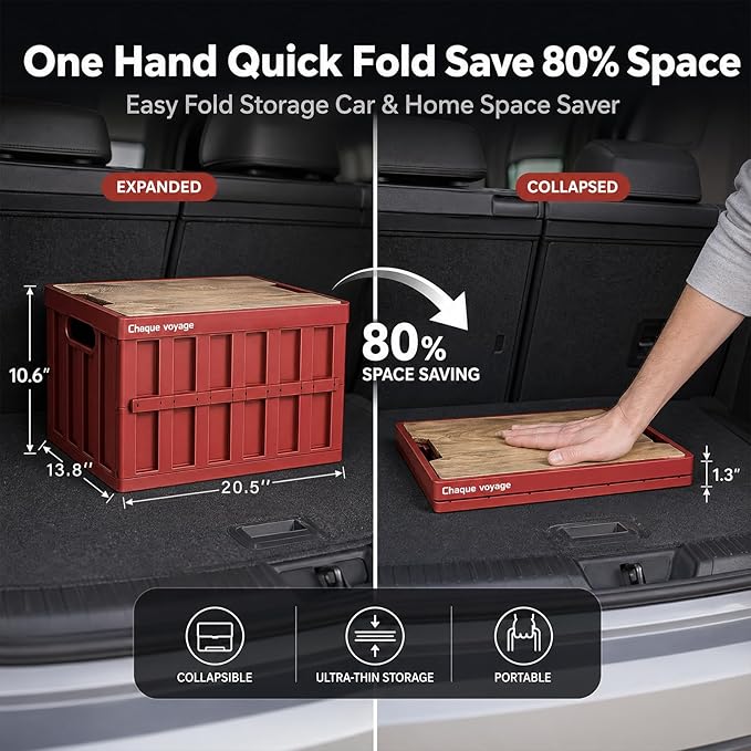 CTESNE【3-in-1 Wooden Lid 50L Storage Bins with Lids and Handle，Portable Foldable Storage Box ，Plastic Stackable Storage Bins for Camp Car RV, Office (Red)