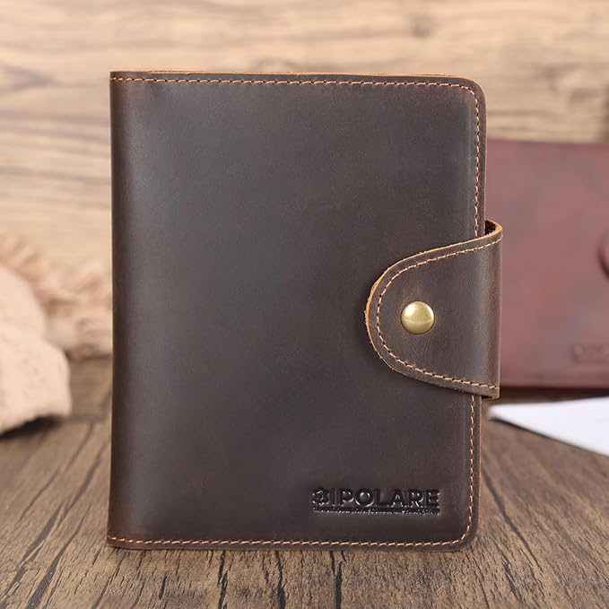 Polare Full Grain Leather Slim and Soft RFID Blocking wallet For Men Snap Bifold Travel Wallet Passport Holders 2 Passports (Dark Brown)
