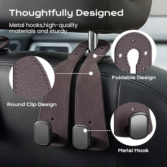 Headrest Hooks for Car, 2026 New Leather Headrest Hooks for Car, Multifunctional Double Hook Holder for Convenient Storage, Auto Hooks Organizer for Handbag Purse Coat Bags (Brown,2)