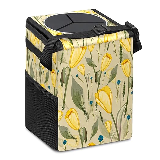 Yellow Tulip Flower Green Leaves Retro Auto Garbage Can with Lid - Leak-Proof Car Storage Bag - Hanging for Headrest - Portable Car Backseat Organizer