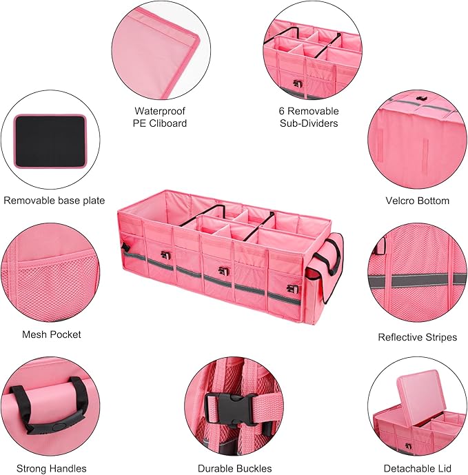 Car Trunk Organizer and Storage with Lid & Removable Leakproof Cooler Bag, Car Accessories 6 Removable Dividers for Custom Space, Collapsible Large Trunk Organizers Interior for SUV & Sendan, Pink