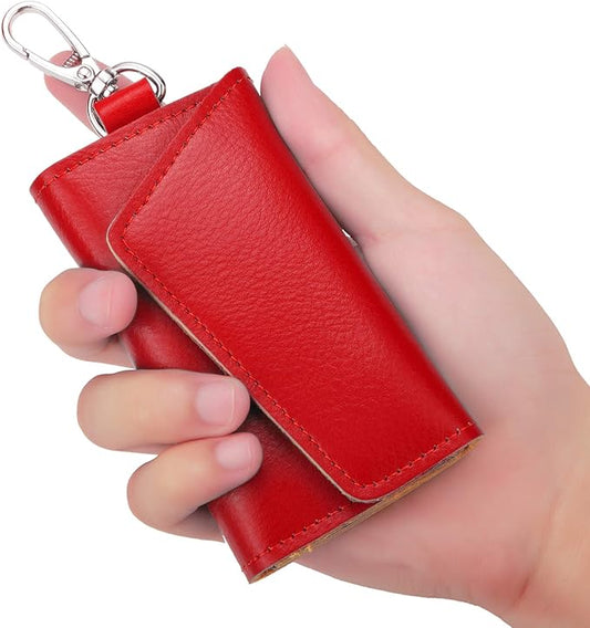 BAKUN Compact Leather Car Key Case, Key Holder Key Organizer Wallet, With 6 Hooks(Red)