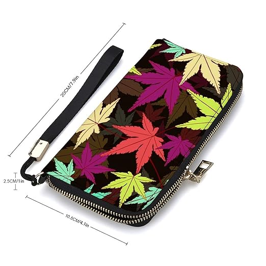 Clutch Wallet Holder for Women Men Colorful Abstract Leaves Cannabis Leaf Portable Accordion Zipper Credit Card Storage Bag Waterproof Purse Leather Wallet for Travel Work Shopping