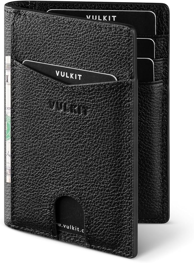 VULKIT Bifold Front Pocket Slim Wallet RFID Blocking Minimalist Thin Genuine Leather Credit Card Holder Wallet for Men and Women Litchi Black