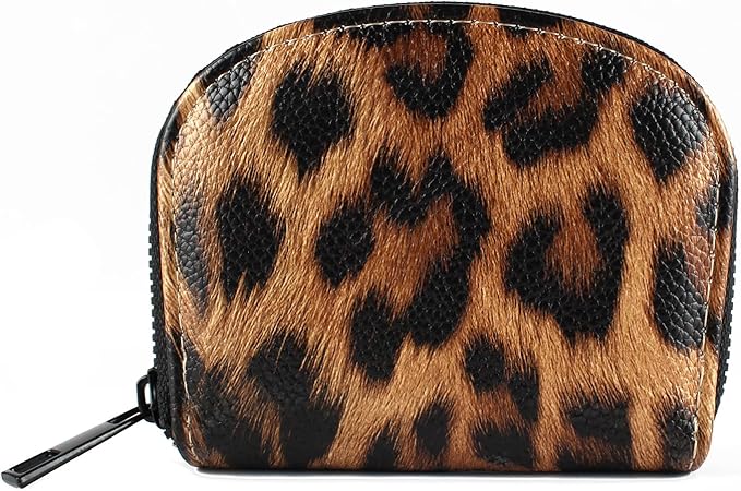 Small Zip Wallet Credit Card Wallet Coin change case Holder for women PU Leather(Sand Leopard)