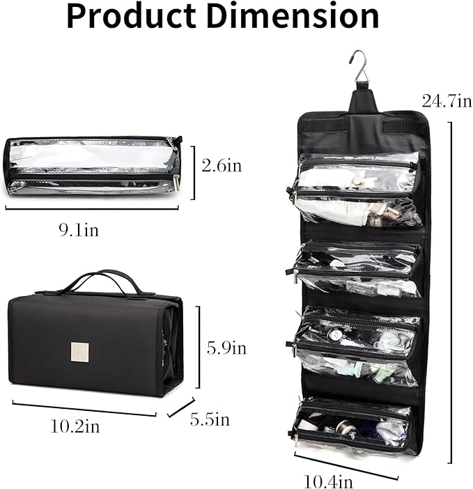 ROYALFAIR Roll Up Makeup Bag, Travel Toiletry Bag for Women with 4 Clear TSA Approved Pouches, Hanging Travel Organizer, Folding Cosmetic Bag for Men and Women