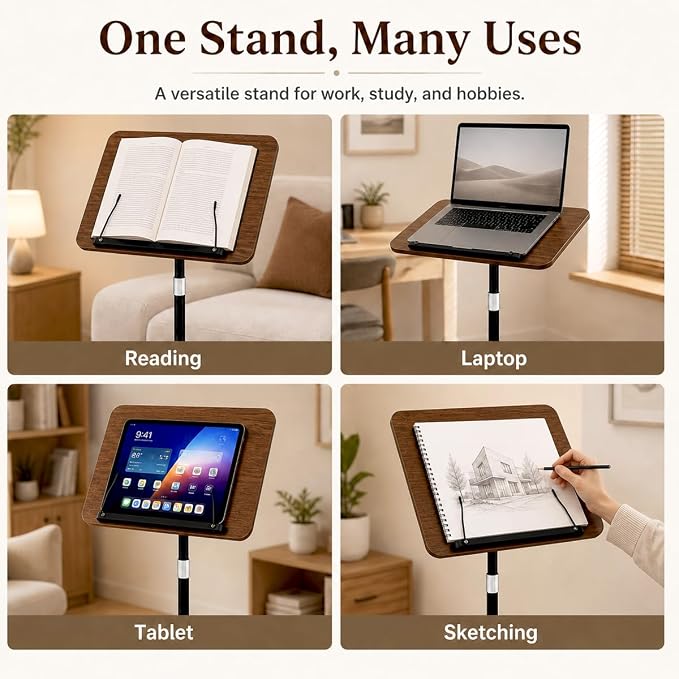 Rolling Book Stand with Wheels, Adjustable Sheet Music & Reading Stand | 16.5 x 11.8 in panel | 19-57 in adjustable height | 360° angle | Lockable wheels | For books, music, tablets