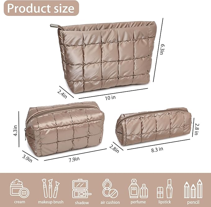 3Pcs Puffer Quilted Makeup Bag Travel Cosmetic Bag Set Portable Puffy Checkered Toiletry Pouch Skincare Organizer Purse Pencil Case (Champagne Gold)