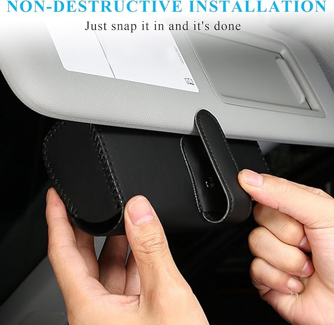 Sunglasses Holder for Car Sun Visor, Leather Auto Eyeglasses Organizer Box with Hidden Magnetic Closure, Vehicle Glasses Case Clip Holder, Car Accessories for Women Men (Black)