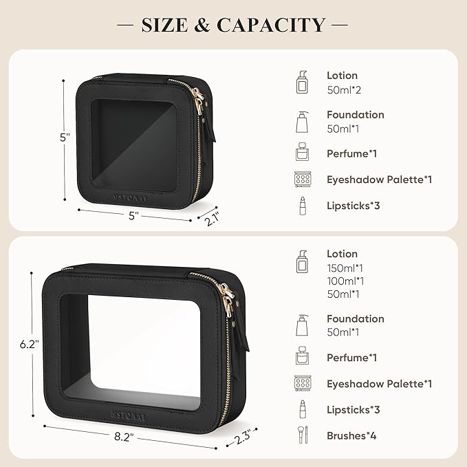 Clear Makeup Bag, Travel Toiletry Bag Cosmetic Case for Women, Waterproof Portable Make Up Skincare Pouch with Zipper, Compact Car Organizer Bag for Essentials, Mini & Medium, Black