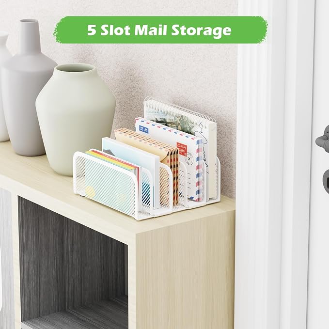 Mail Organizer Countertop, Metal File Holder with 5-Slot, Small Desk File Organizer for Letter, Bill, Mail Sorter, Desktop Letter Folder Holders for Office, Home, School (White)