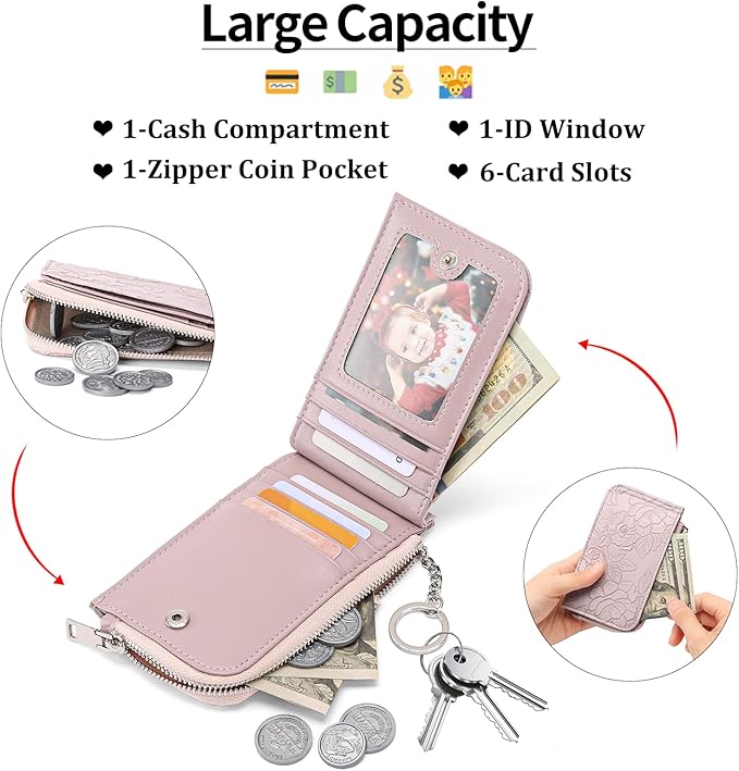 GAEKEAO Small Credit Card Holder Wallet for Women RFID Leather Slim Wristlet Keychain Wallets With Zipper Pocket