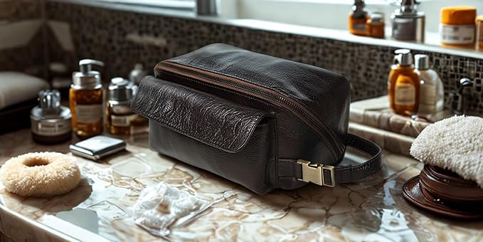 Coyote Bay® Flypouch Premium Full Grain Soft Leather Toiletry Bag, Large 9 Inch, Makeup Bag, Travel Organizer Pouch, Shaving Kit, Cosmetics Toiletry Bathroom Organizer (Brown, Large)