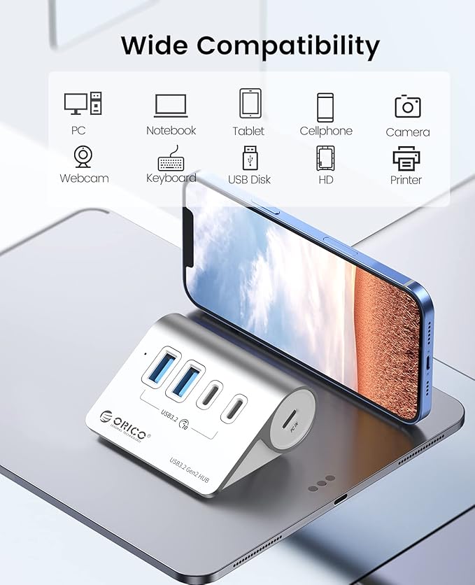 ORICO 4-Port USB 3.2 Gen2 Hub, Desktop USB 3.2 Hub with 2 USB-A, 2 USB-C, 5V 3A Power Supply Port, 10Gbps Aluminium USB-Splitter with 1.64Ft USB-C to USB-A/C Cable for iMac, MacBooks, Mac mini