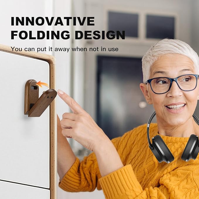 Wood Headphone Stand Wall Mount Holder, Sticky Headset Hook, Under Desk Headphone Hanger,Foldable Desk Headphone Hanger Earphone Clamp for Audio,Studio & Gaming Headphones, moderate
