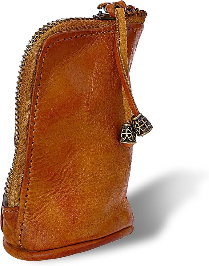 TIESOME Vintage Genuine Leather Zipper Coin Purse, Medieval Cowhide Change Holder Coin Pouch Wallet Coin Organizer With Key Ring Little Travel Wallet for Men(Brown)