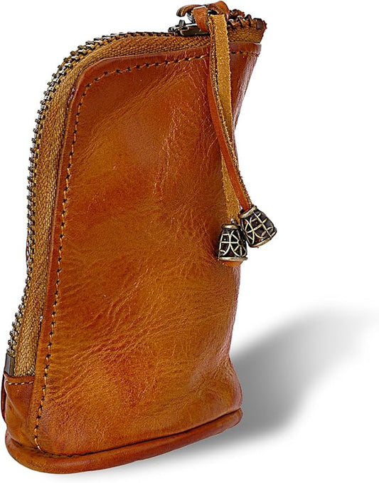 TIESOME Vintage Genuine Leather Zipper Coin Purse, Medieval Cowhide Change Holder Coin Pouch Wallet Coin Organizer With Key Ring Little Travel Wallet for Men(Brown)