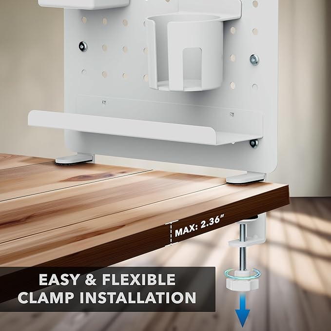 Mount-It! Clamp-On Pegboard Organizer | Adaptable Desk Storage for Home Office, Gaming & Crafting | Easily Organize Essentials with Shelf, Cup Holder & Hooks (White)