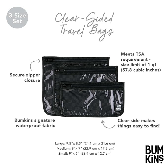 Bumkins Travel Bag, Toiletry, TSA Approved Pouch, Zip Bag, Quart Size Airline Compliant, Clear-Sided, Baby, Diaper Bag Organization, Makeup, Accessories, Carry On Packing, Set of 3 Sizes, Black Check