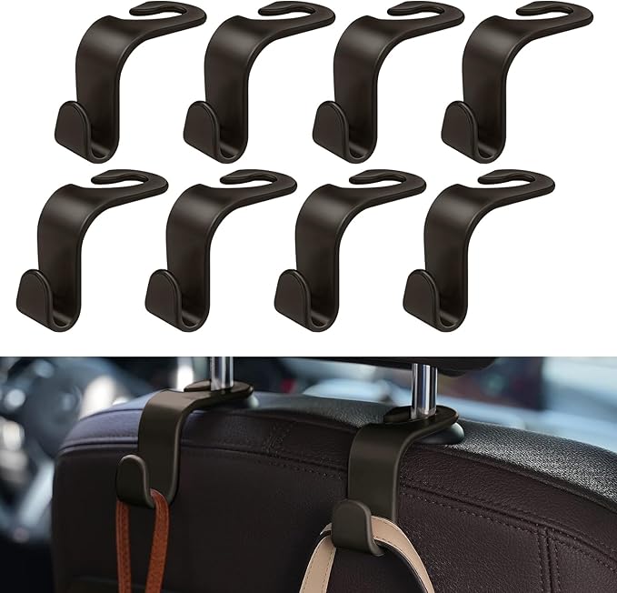 8 Pack Car Seat Headrest Hooks with 44 Pounds Load Capacity, Hangers Storage Organizer Universal Car Interior Accessories for Handbags Water Bottles Purse Coats Umbrellas, Brown