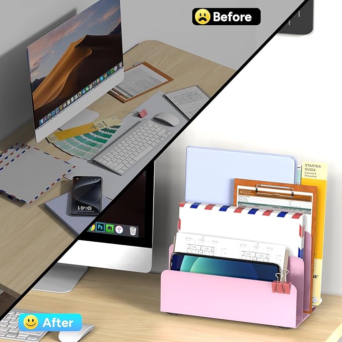 Mail Organizer Countertop, Small Desk File Organizer, Metal File Holder - Essential Workspace Organizers for Office Desk, Home Office (Pink)