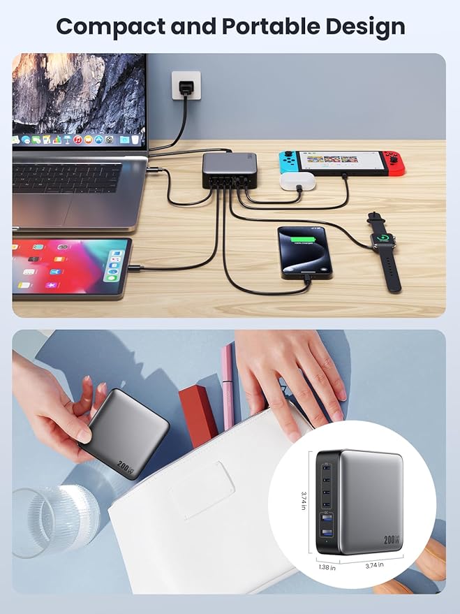 USB C Charger Block 200W[2026 Upgraded] GaN III 6 Port Fast Charging Station Hub,PD 65W USB C Laptop Charger Compatible with MacBook Pro/Air,iPad,iPhone 16/15,Galaxy S23/S24 Steam Deck Dell XPS etc