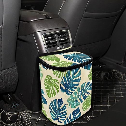 Biyejit Palm Leaf Large Car Trash Can for Back Seat - Car Garbage Bag with Tissue Holder and Bottle Pockets - Seatback Organizer with Lid for Vans, SUVs and Trucks