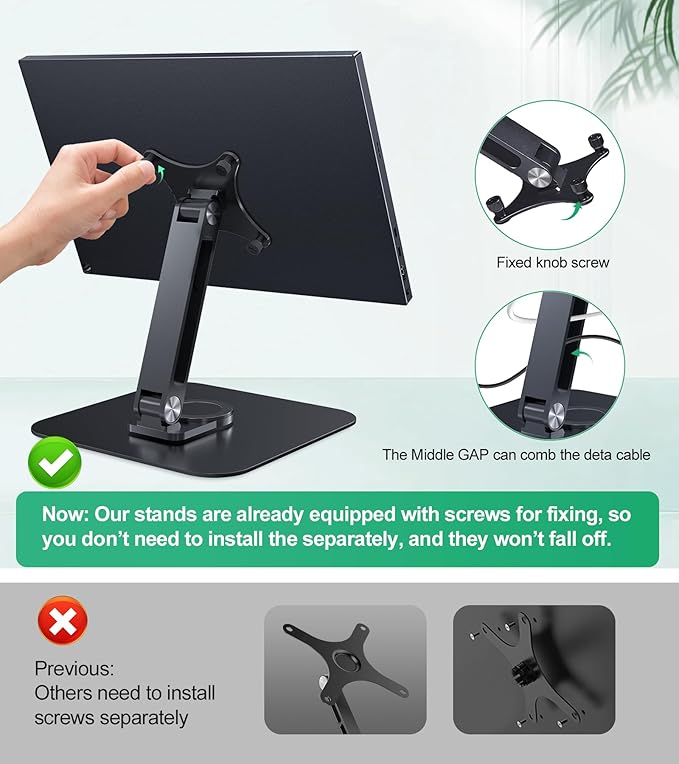 Portable Monitor Stand VESA 75x75mm Holes M4 Anti-loss Screws, Aluminum Alloy Base, Fits 7" to 18.5" Inch Small Monitors, Black Desk Mount (Not Fits100x100mm)