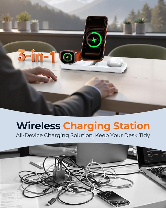 Foldable 3-in-1 Wireless Charging Station for Apple Magsafe Charger Stand, Travel-Friendly Fast Magnetic Wireless Charger Station for iPhone 17/16/15/14/13/12, Apple Watch & AirPods Series, White