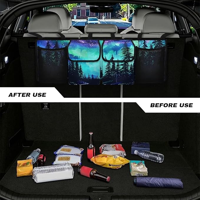 Starry Sky Car Trunk Organizer and Storage,Forest Design Backseat Hanging Organizer for SUV,Truck,Van Collapsible Cargo Storage Bag,Vehicle Accessories Decorate Not Easy to Fade
