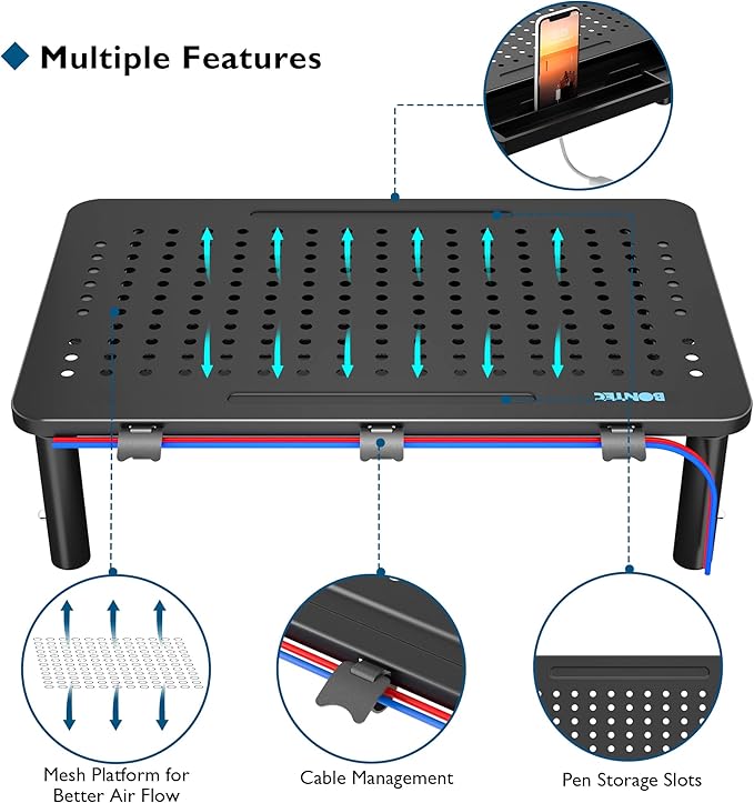 BONTEC 1 Pack Adjustable Monitor Stand Riser with Drawer, Ergonomic Mesh Platform Computer Monitor Stand for Desk, Ventilated Laptop and PC Stand with Cable Management, Supports up to 44lbs