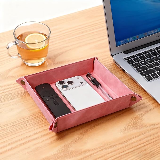 Valet Tray Desktop Storage Organizer – Premium PU Leather Catchall Bedside Vanity Tray Nightstand Caddy Holder for Remote Controller, Keys, Phone, Wallet, Coin, Jewelry,Pink