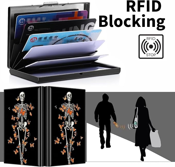 Metal Wallet, Credit Card Holder for Women Men Girls, RFID Blocking Aluminum Wallet Slim Hard Case, Mini Travel Wallet, ID Card Holder Business Card Case,Human Bone Butterfly