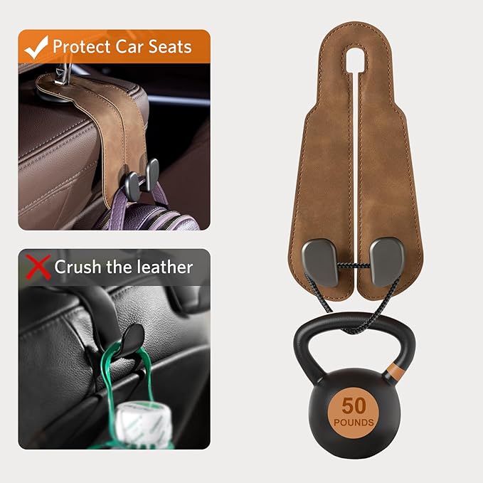 CoBak Purse Hook for Car - Universal Premium Stitched Leather and Aluminum-Magnesium Alloy Double Car Seat Back Storage Hook for Purses, Handbags, Bags (4 Pack),Brown