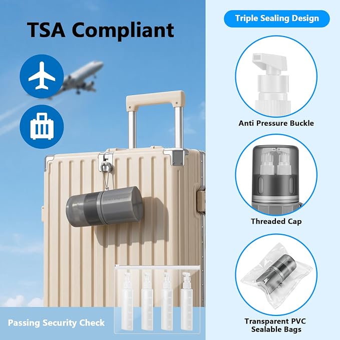 4 in 1 Travel Dispenser Bottles, TSA Approved Leak Proof Refillable Toiletry Containers with Vacuum Suction Cup for Smooth Walls, Portable Empty Bottle Set for Shampoo Conditioner Body Wash