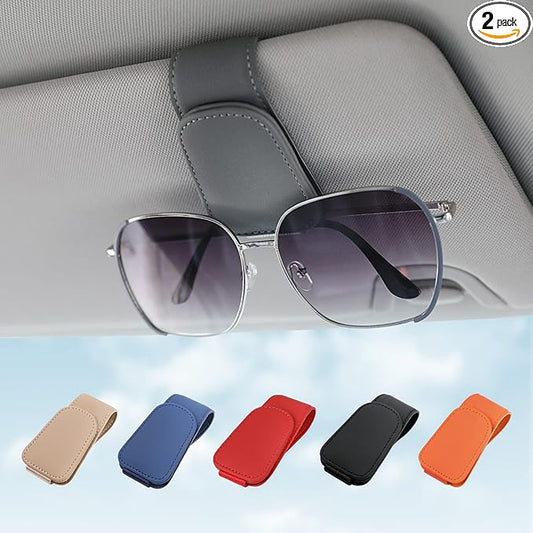 KanSmart Sunglass Holder for Car Visor Sunglasses Clip Magnetic Leather Glasses Eyeglass Holder Interior Car Accessories for Woman Man - 2 Packs Gray
