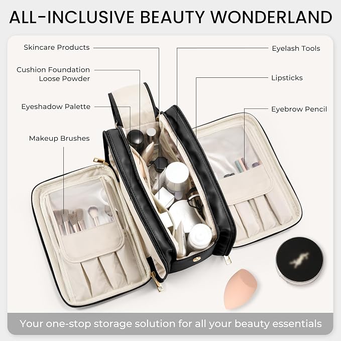 Travel Makeup Bag Women's Large Capacity Cosmetic Portable Organizer Large Opening Waterproof Storage Toiletry Bags Vertical Free-Standing Brush Holder for Easy Access Black