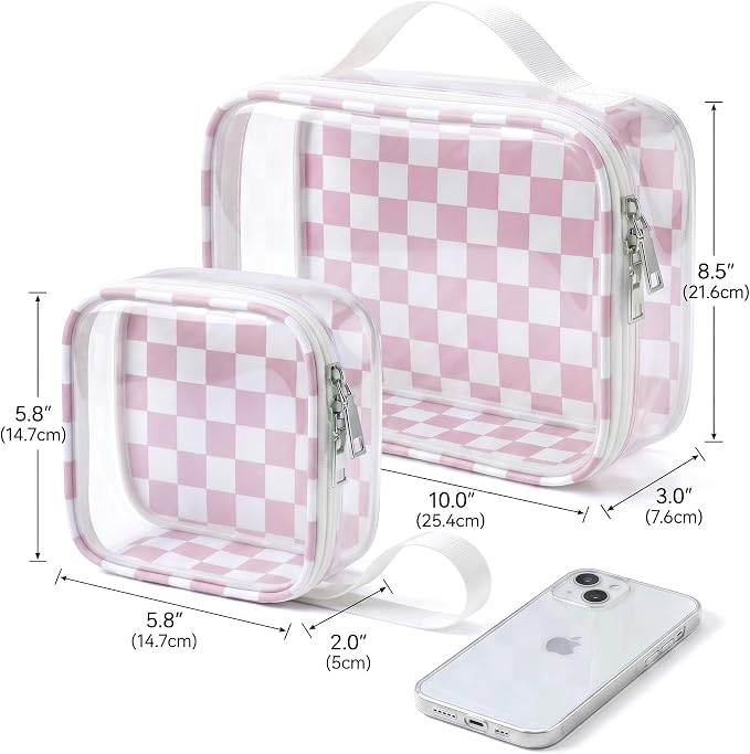 Pink Checkered Diaper Bag Organizer Pouch Set,TSA Approved Toiletry Bag,Clear Waterproof TPU Car Makeup Bag Set Travel Organizer Bags for Women and Kids Toiletry Bag Set for Baby and Mom Essentials