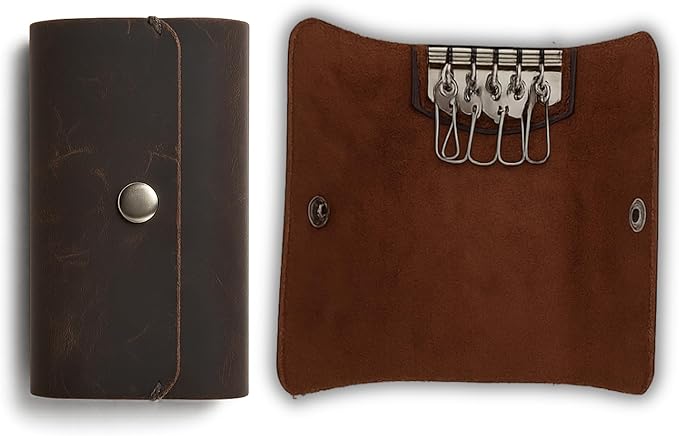 Leather Key Sleeve Brown Genuine Leather Key Holder with Ring, Compact Key Organizer for Men & Women