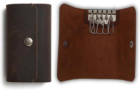 Leather Key Sleeve Brown Genuine Leather Key Holder with Ring, Compact Key Organizer for Men & Women