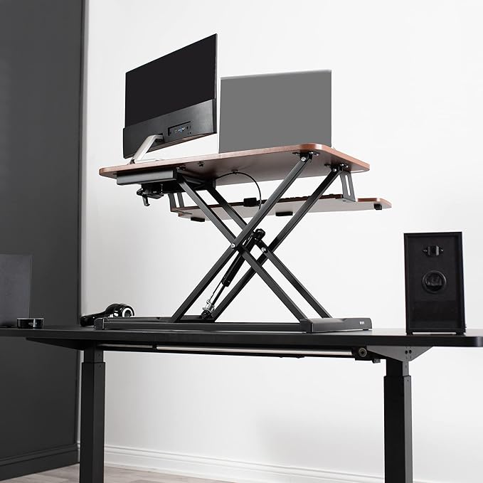VIVO 32 inch Desk Converter, K Series, Height Adjustable Sit to Stand Riser, Dual Monitor and Laptop Workstation with Wide Keyboard Tray, Dark Walnut Top, Black Frame, DESK-V000KA