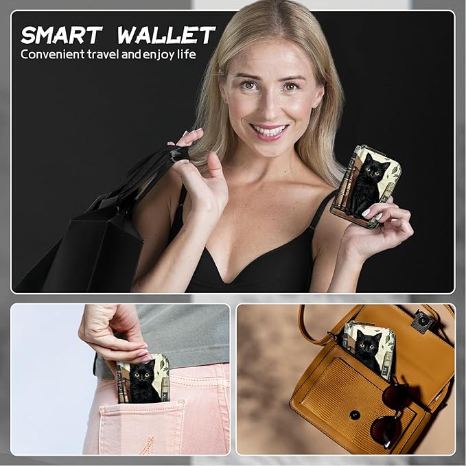 Cute Credit Card Holder with Zipper, Black Cat Books RFID-Blocking Card Case Small Wallet for Women Men, Multi-slot Card Organizer Case Travel Accordion Wallet