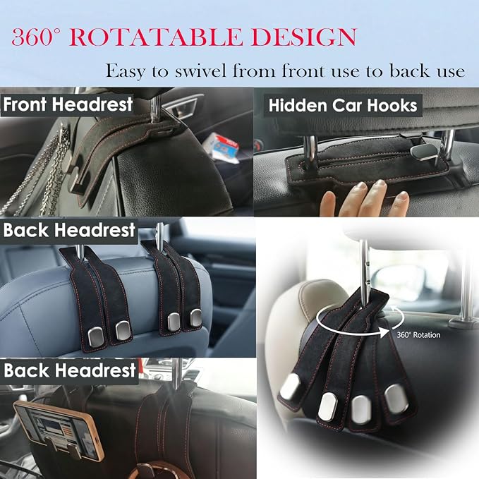 Car Purse Hook, Car Seat Back Storage Hook, Car Seat Hooks for Headrest, Car Hooks for Purses and Bags Cute (Black-2 Pack)