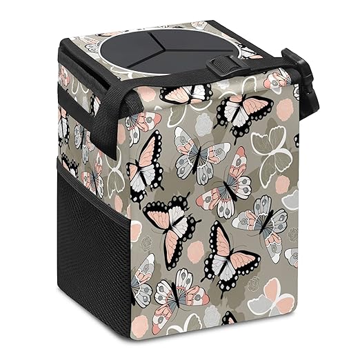 Car Trash Can Butterfly Auto Garbage Bag Car Trash Can with Lid Leak-Proof Car Storage Bag Auto Garbage Bag Hanging for Headrest Collapsible and Portable with Storage Mesh Pocket