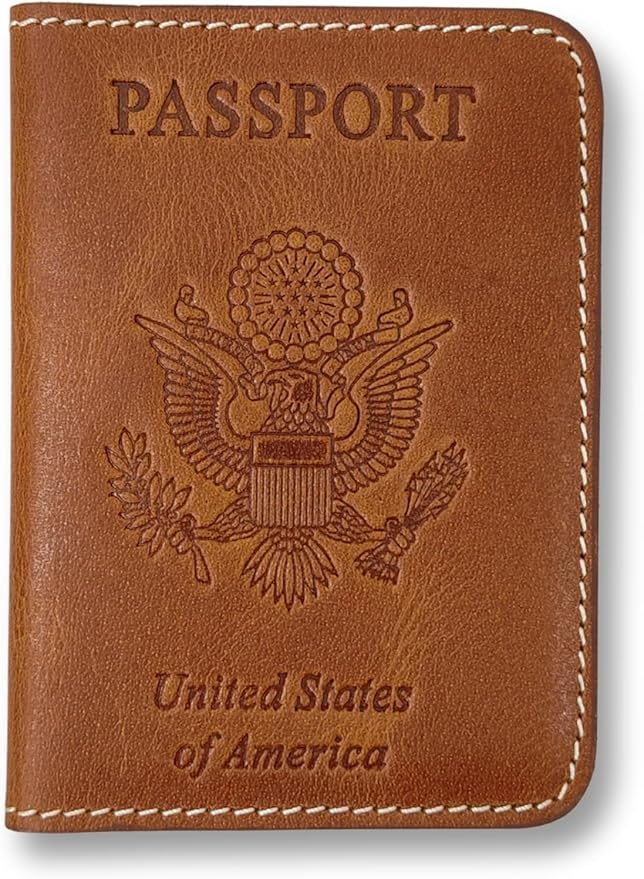 Passport Holder for Travel | Premium Leather Passport Cover & Protector | Stylish Travel Document Organizer with Embossed US Seal | Unisex Case with Slots for Cards & Boarding Passes - Brown