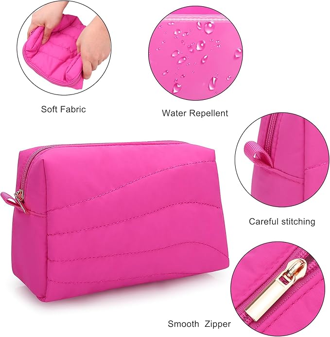 Travel Makeup Bag for Women, Small Cosmetic Bags Organizer Toiletry Bag, Nylon Pouch Travel Essentials Toiletries Accessories Brushes, Hot Pink